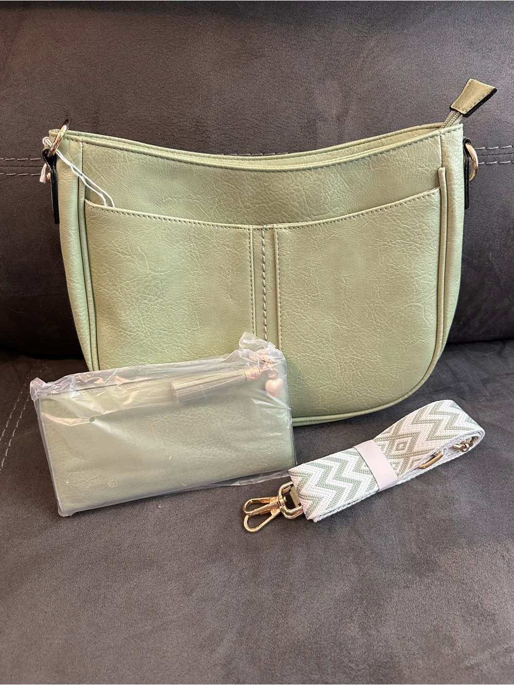 Sage Green Vegan Leather Crossbody Bag Set with Chevron Guitar Strap Wristlet